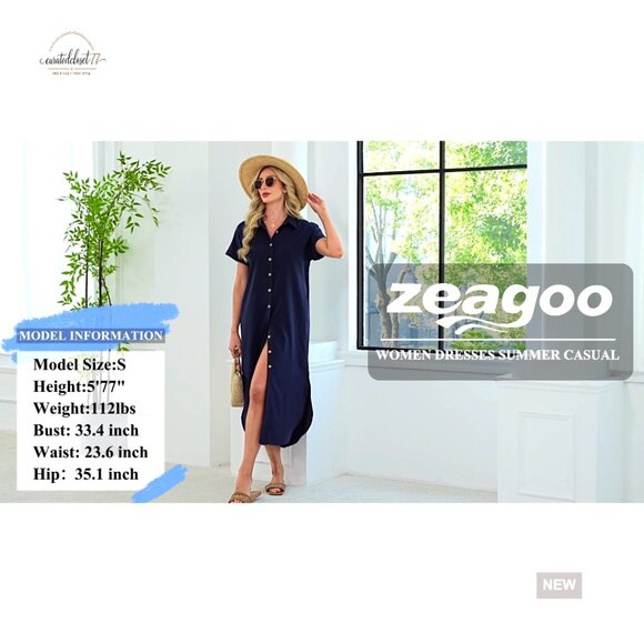 Summer Casual Long Shirt Dress with Pockets, Button Down, V-Neck - Picture 7 of 7